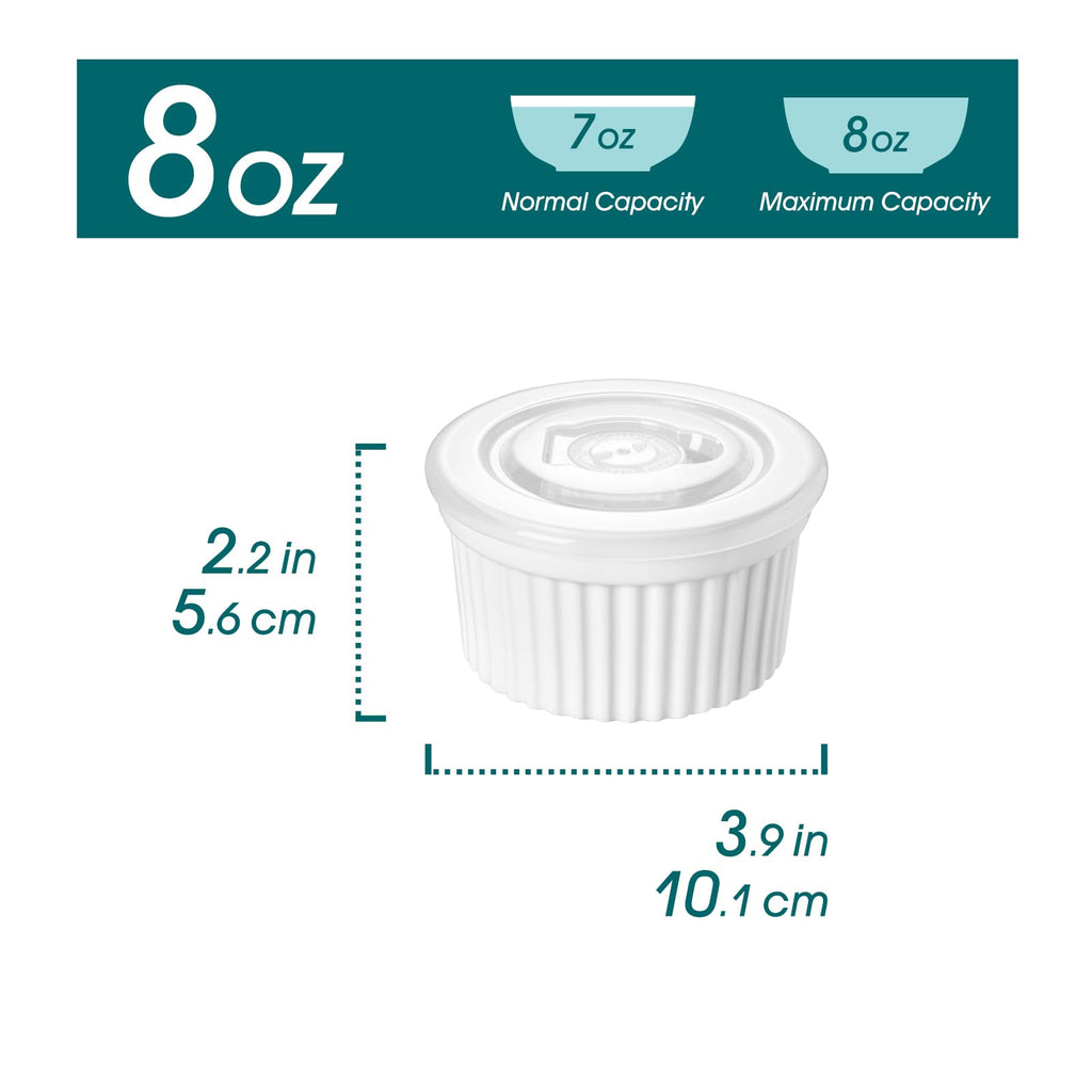 8 oz with Lid, Porcelain Creme Brulee Souffle Dishes, White Pudding Custard Cups Ramiken for Baking, Dishwasher and