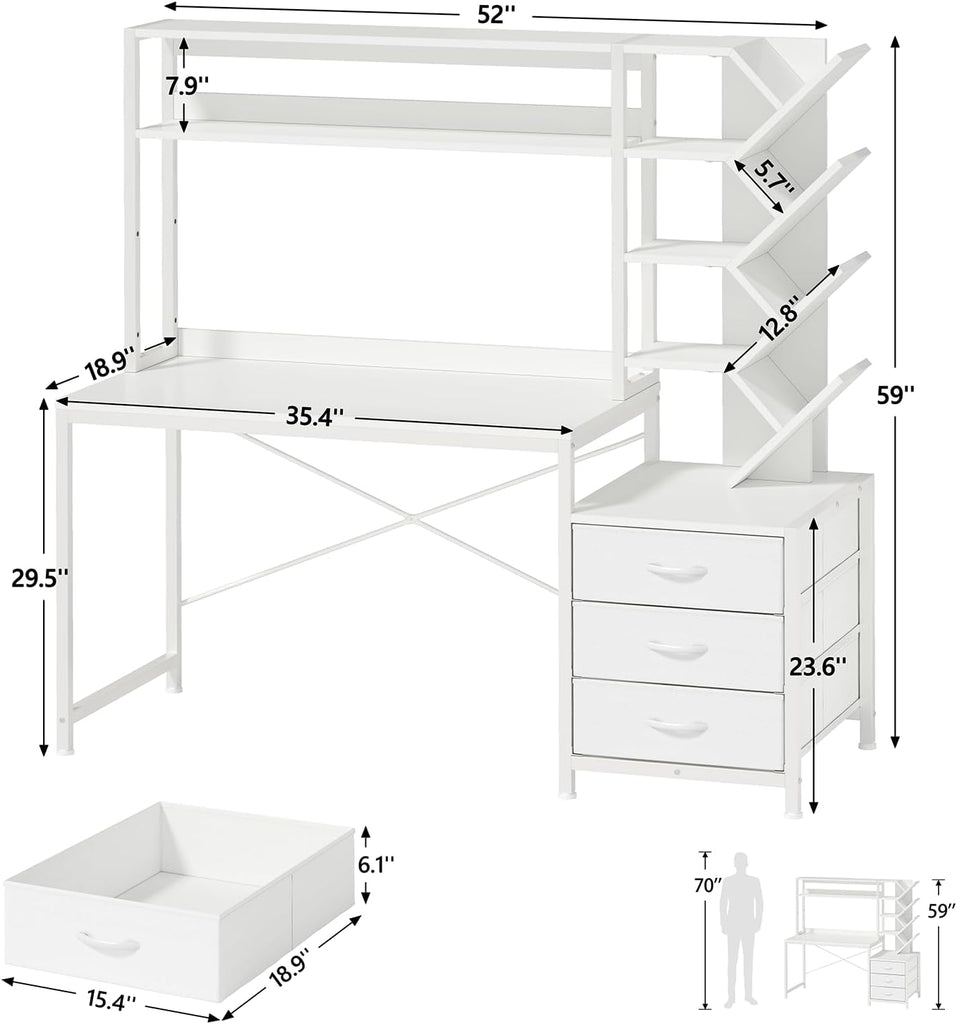 Reversible Computer Desk with Hutch, Home Office Desk with Drawers and Bookshelf