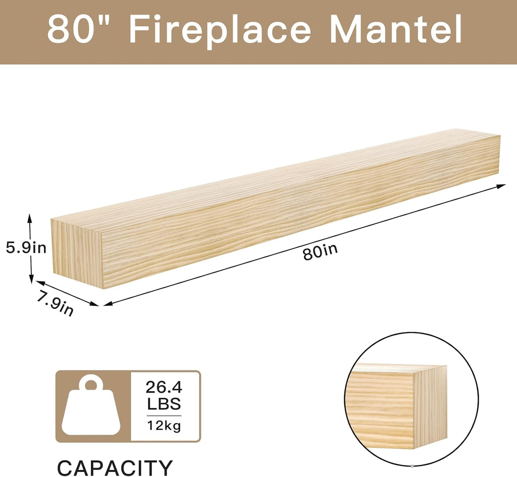 Shelf, 80" Handcrafted Solid Wood Floating Shelf for Over Fireplace - Rustic Farmhouse Wall-Mounted Mantel with