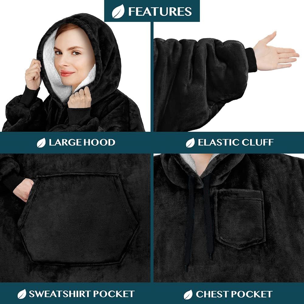 Blanket Hoodie for Women Black, Sherpa Wearable Blanket Men, Cozy Oversized Sweatshirt Blanket, Warm Fleece Hooded