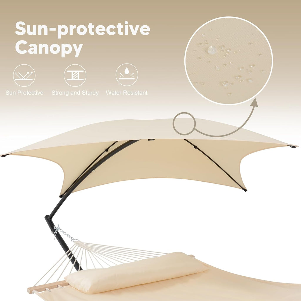 Portable Outdoor Hammock with Stand, Sun-Protective Canopy, Beige | Double Hammock with Stand for Outside, Patent