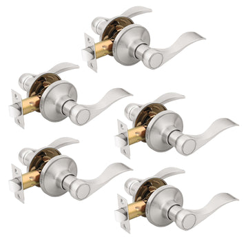 5 Pack Brushed Nickel Finish Keyless Interior Door Handle, Classic Passage Door Lever Closet, Non-Locking Wave Style