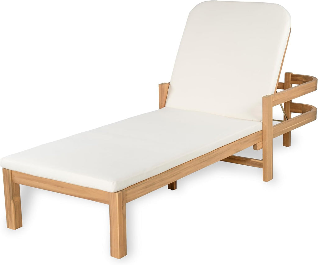 Outdoor Acacia Wood Chaise Lounge with Adjustable Backrest & Water-Resistant Cushion, 4-Position Patio Recliner