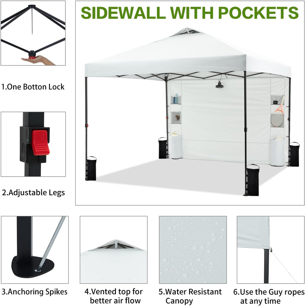 10'x10' Pop Up Canopy Tent with 1 Sidewall and 6 Pockets, One Push Setup, Instant Shade Tent with Vented Roof Case