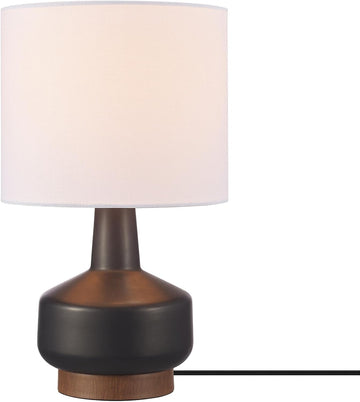 15" Ceramic Table Lamp, Matte Black Base, Wood-Toned Accent, White Linen Shade, Dual Rotary Switch