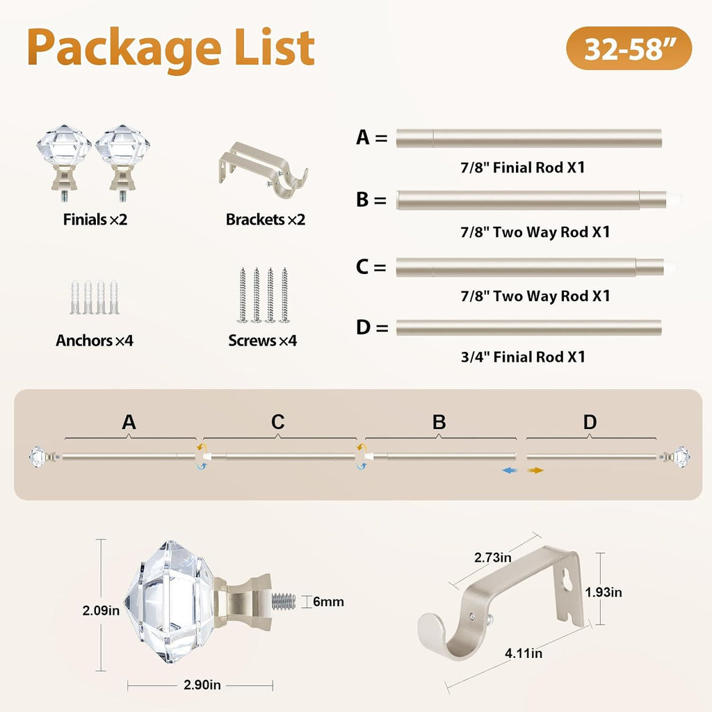 Curtain Rods for Windows, Telescoping Splicing 3/4 Single Rods
