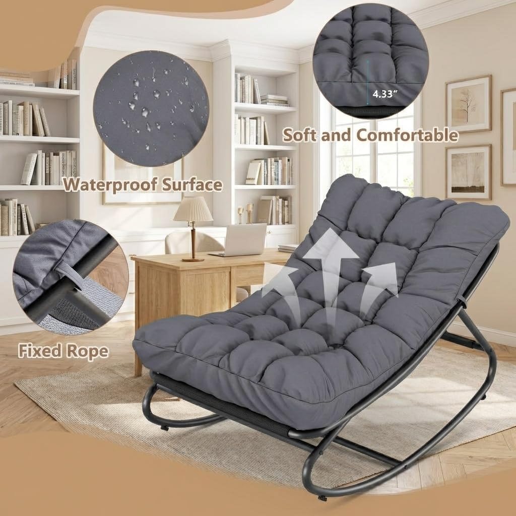 Outdoor Papasan Rocking Chair, Oversized Metal Frame Egg Rocker with Thick Waterproof Cushion, 450 lbs, Comfy Lounge