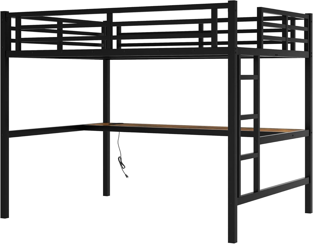 Full Metal Loft Bed with Desk and LED Lights,Heavy Duty Loft Bed Frame with Charging Station and USB for