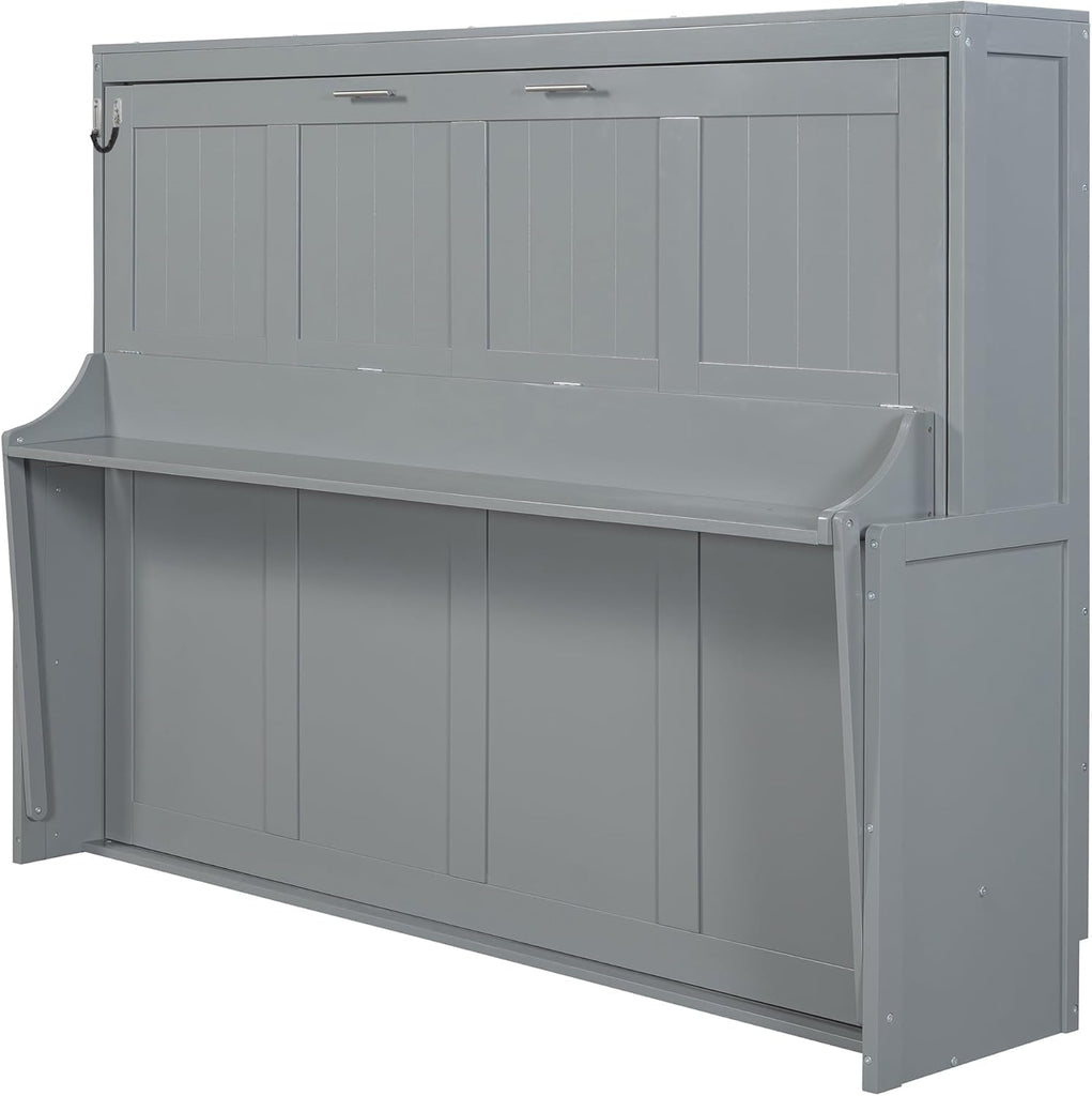Queen Horizontal Murphy Bed with Desk,Wood Folding Hideaway Murphy Wall Bed for Adult,Guest Room,No Box Spring