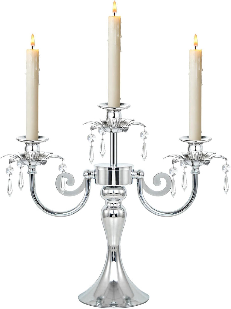 Metal 3 Arm Candelabra with Crystal Pendants - 11.8 Inch Tall Candle Holders, Set of 2 - Elegant Taper Candlestick