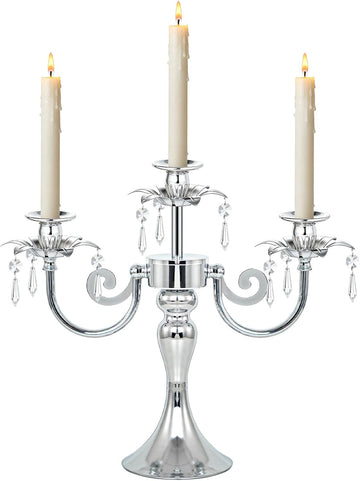 Metal 3 Arm Candelabra with Crystal Pendants - 11.8 Inch Tall Candle Holders, Set of 2 - Elegant Taper Candlestick