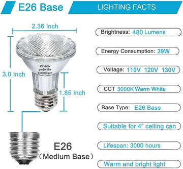9PCS Eco Halogen Light Bulb, 39W PAR20 Warm White, Dimmable, 480 Lumens, 3000K, 120V, E26 Medium Base, 40° Flood Beam