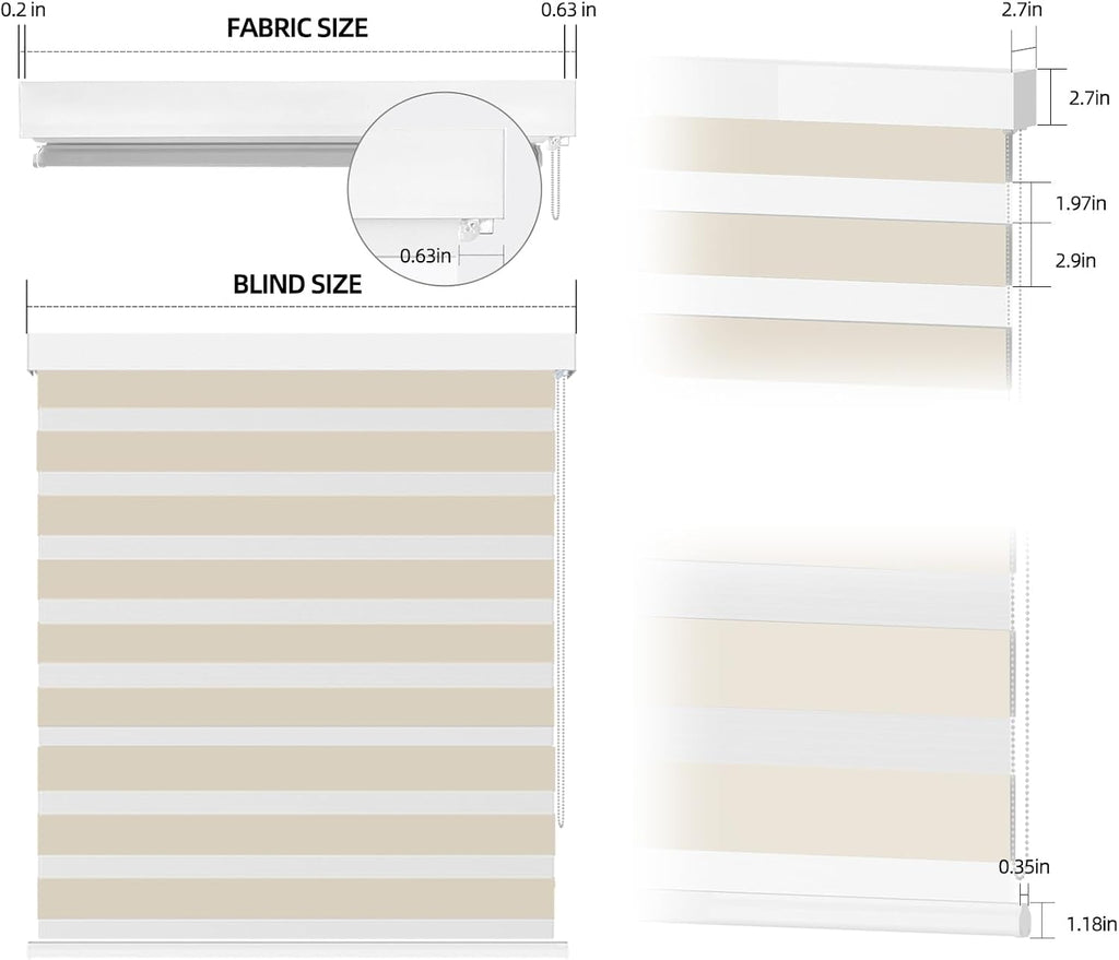 Zebra Blinds for Windows (34" W x 72" H, Light Brown) Zebra Roller Window Shades, Corded Dual Layer Light Filtering