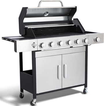 6-Burner Propane Gas Grill with Side Burner, 69,000 BTU BBQ Grill with Cast Iron Grates, Double-Layer Stainless Steel Lid and Grease Management System