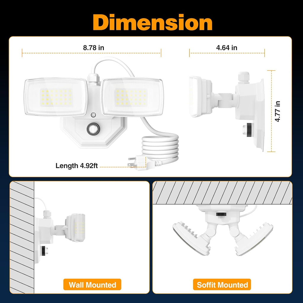 32W 3200LM Dusk to Dawn Outdoor Lighting,6500K Dual Heads Plug in Flood Light,White Outdoor Lighting,IP66 Waterproof