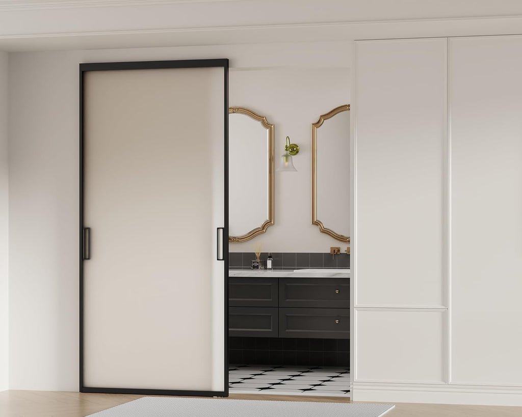Concealed Track Sliding Glass Barn Door - 40" x 87" Frosted 5/16" Tempered Glass, Soft-Close Hydraul