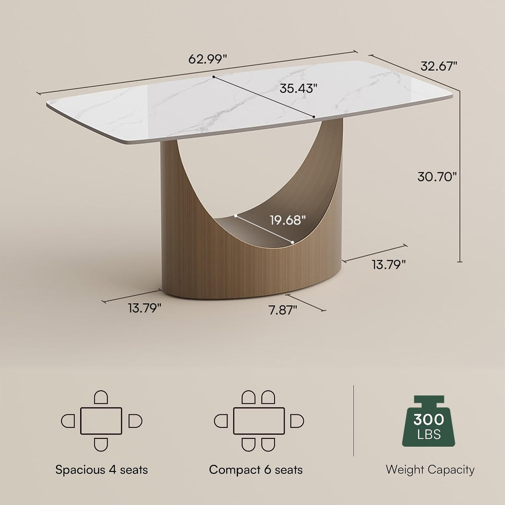 63" Modern Dining Table for 4-6, Hobart Rectangle Dining Table, Matte White Sintered Stone Dining Tabletop with Bronze Carbon Steel Pedestal Table (Table Only)