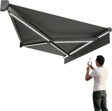 Electric Retractable Awning, Automatic Retractable Awning & LED Light, Motorized Outdoor Shade Waterproof Fabric for