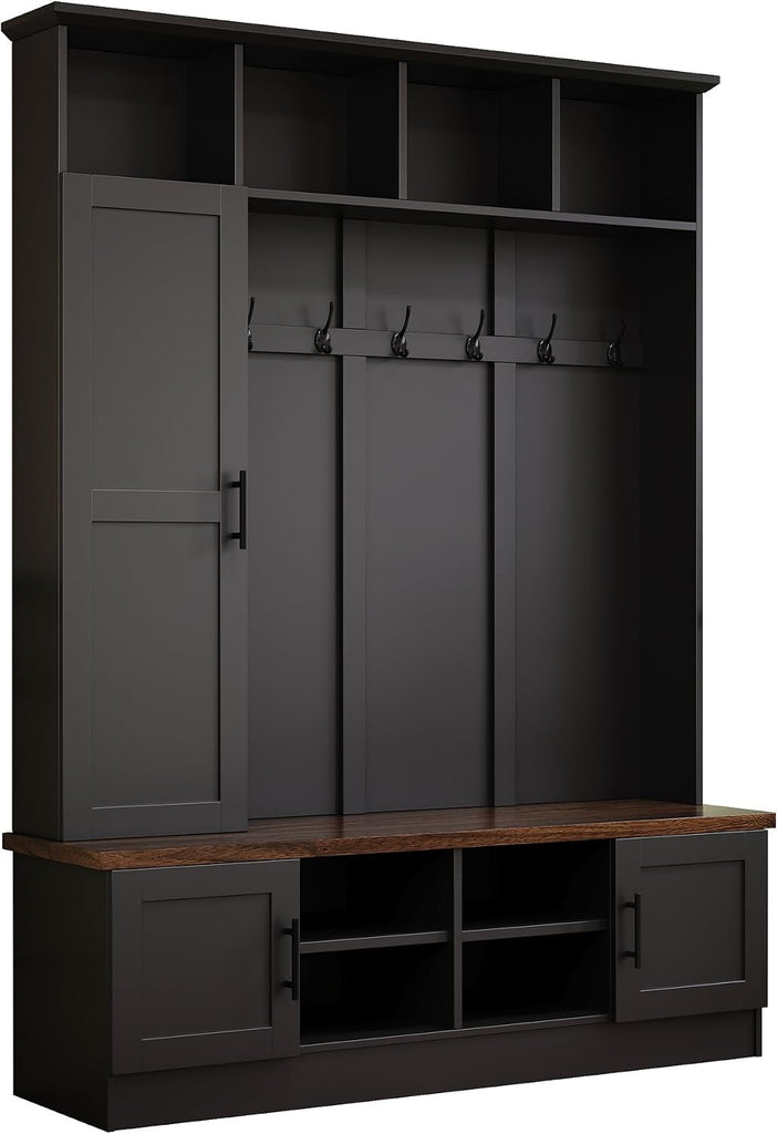 Rustic Hall Tree with Bench and Shoe Storage, 55''W Entryway Bench with Coat Rack, 6 Hooks, Storage Cabinets & Top