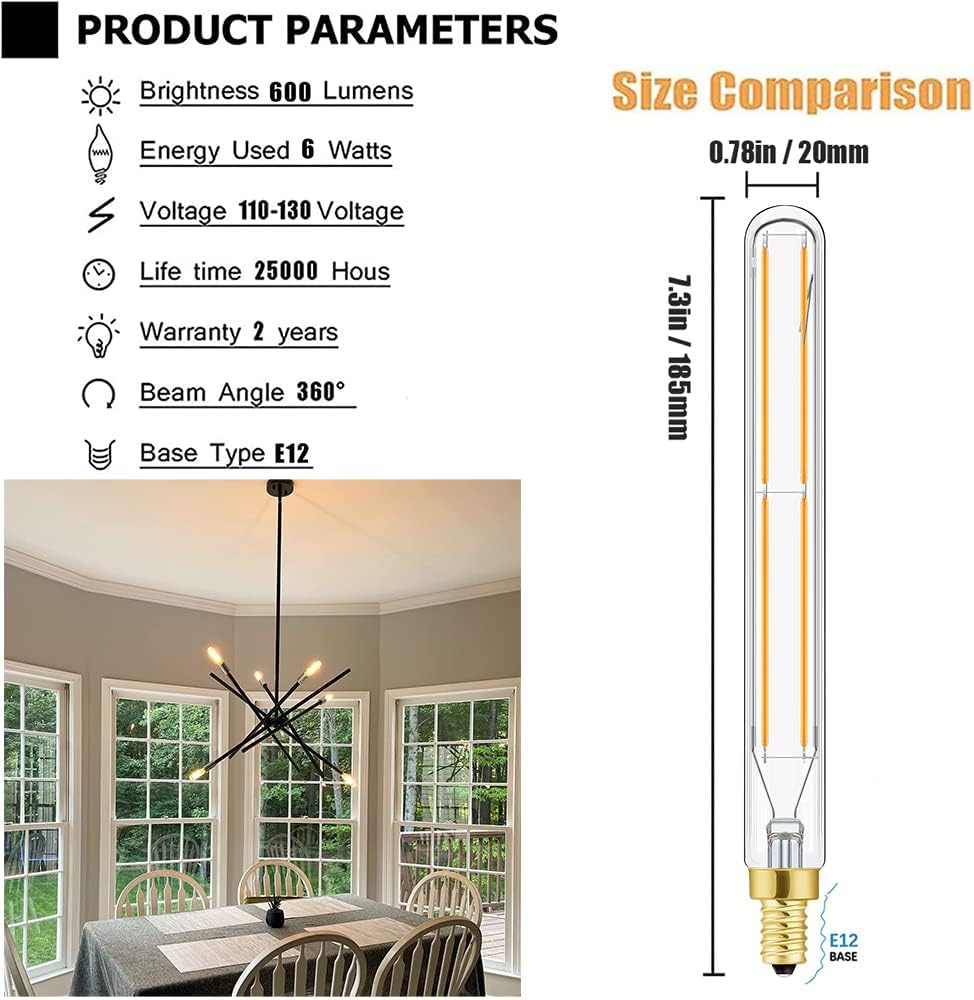 E12 LED Tube Bulbs,T6 Tubular Edison Style LED Filament Bulb, 6W Dimmable Antique LED Bulb,E12 Base,Clear Glass,Warm (Pack Of 6)