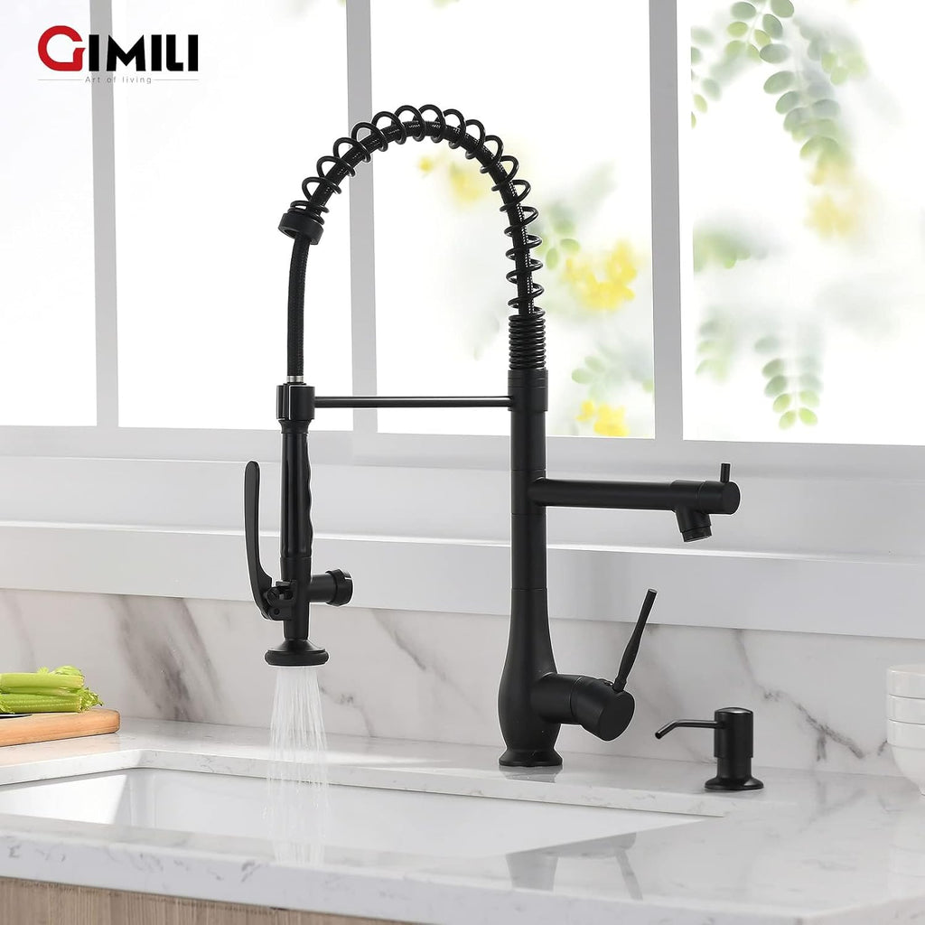 Matte Black Commercial Kitchen Sink Faucet with Soap Dispenser | High Pressure Double Headed Spray, Stainless Steel