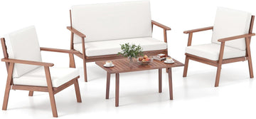 4 Piece Outdoor Conversation Set, Acacia Wood Sofa Set with Soft Seat & Back Cushions, Rectangle Coffee Table Patio
