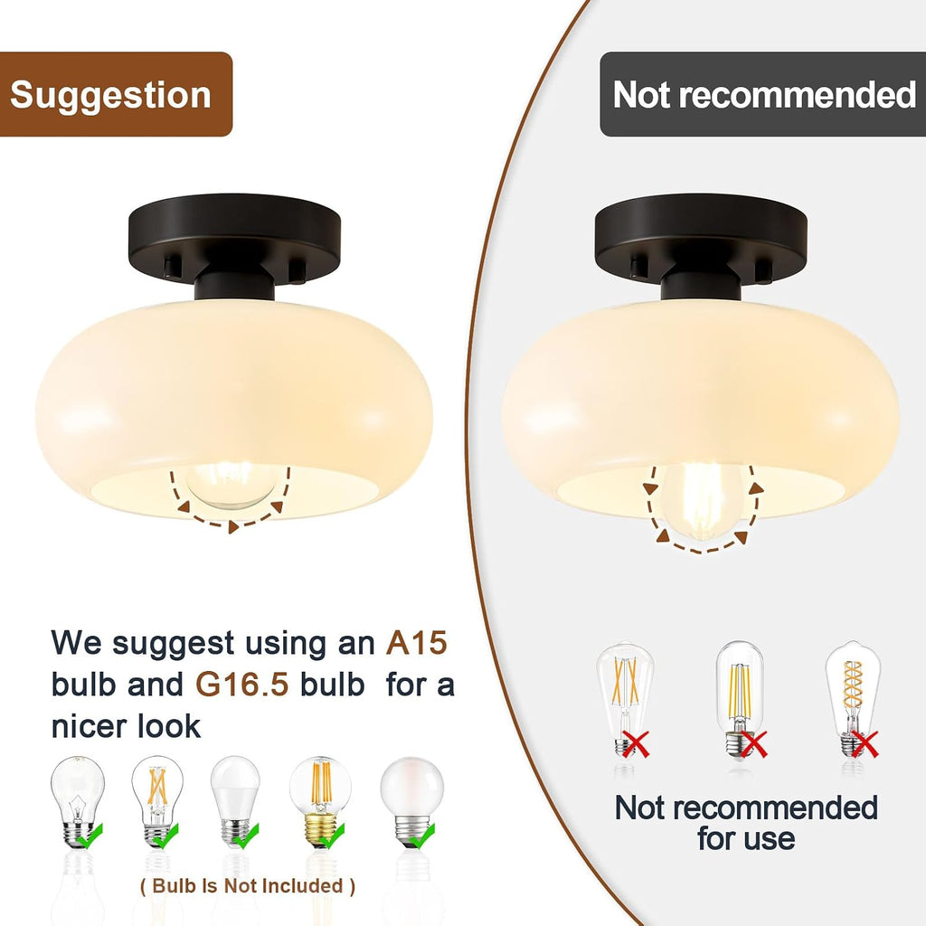 Mid-Century Modern Black Semi Flush Ceiling Light 8.66 Inch | Mini White Glass Shade Close to Ceiling Lighting