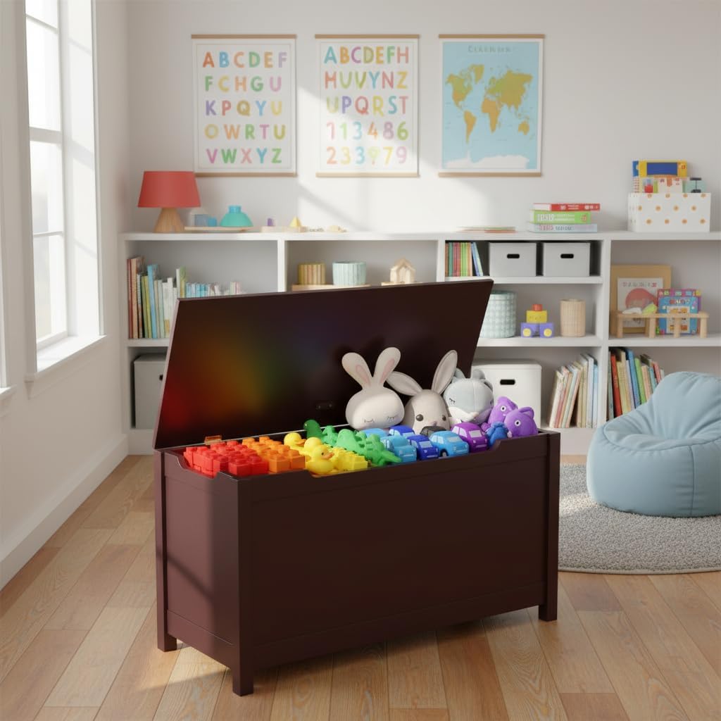 Kids Wooden Toy Chest with Safety Hinged Lid, 2.7 Cubic Feet Large Toy Box Storage Bench, Sturdy Toy Box Bedroom