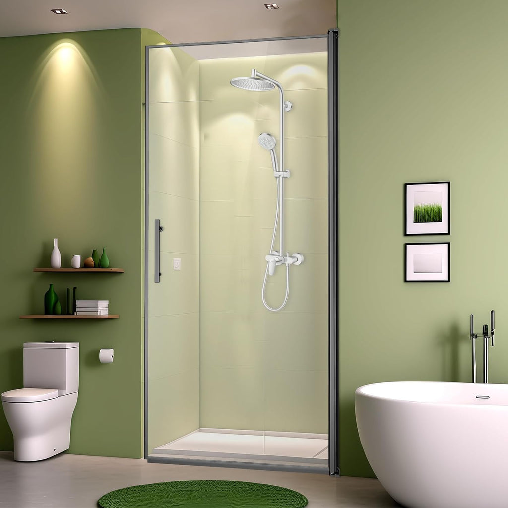 34" Wx72 H Frameless Reversible Pivot Shower Door, 1/4" Clear SGCC Tempered Glass, 304 Stainless Steel Hardware