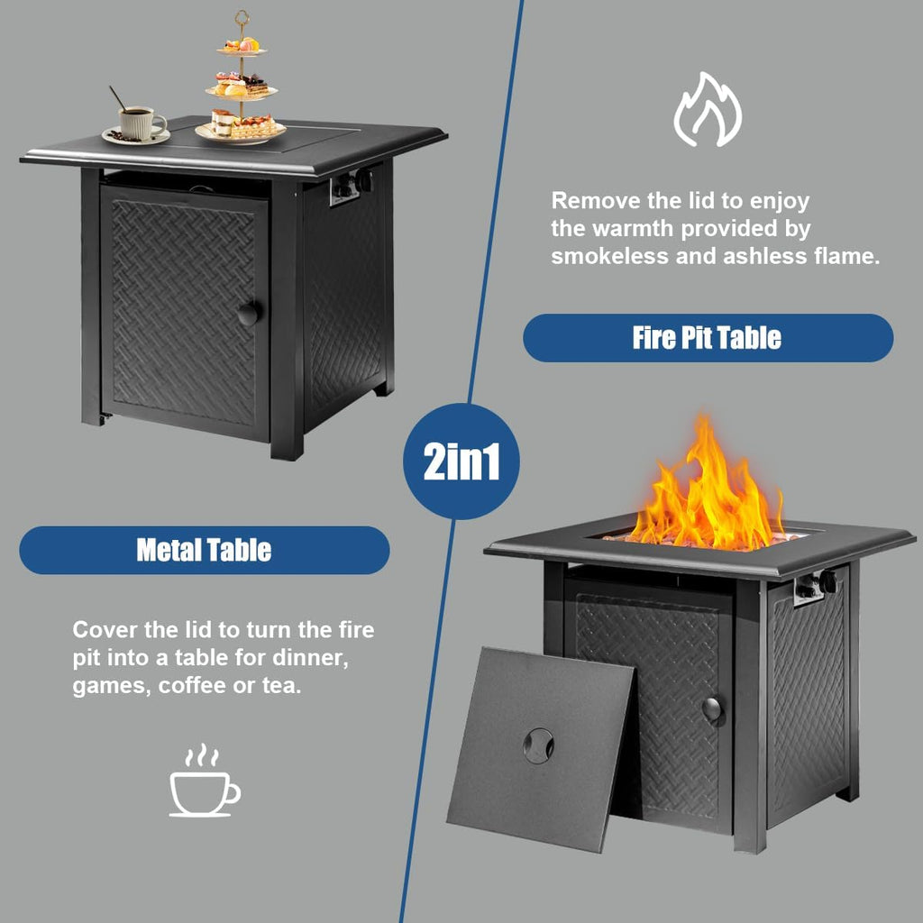 28 Inch Propane Fire Pit Table, 50,000 BTU Steel Gas Fire Pits for Outside,Outdoor Gas Firepit with Lid and Lava Rocks