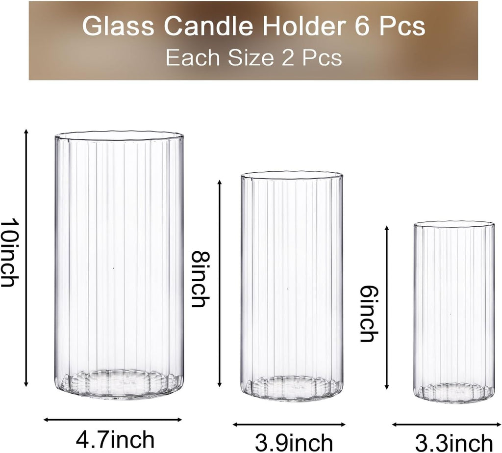 6 Pcs Glass Hurricane Candle Holder Ribbed Glass Candle Holder - Elegant & Easy to Use, Perfect for Wedding, Holiday