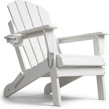 HDPE Adirondack Chair, Folding Outdoor Patio Chair with Cup Holder, Weather Resistant Wood Grain Lawn Chair for