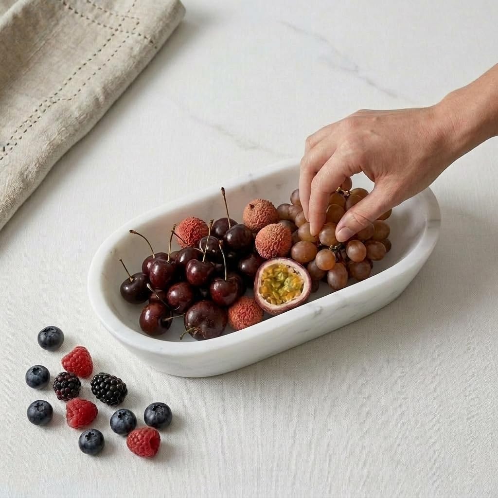 Marble Dough Bowls For Decor 10" Inches White Oval Bowl Table Décor, Ideal Candy Bowl, Candle Bowl and Marble Bowl