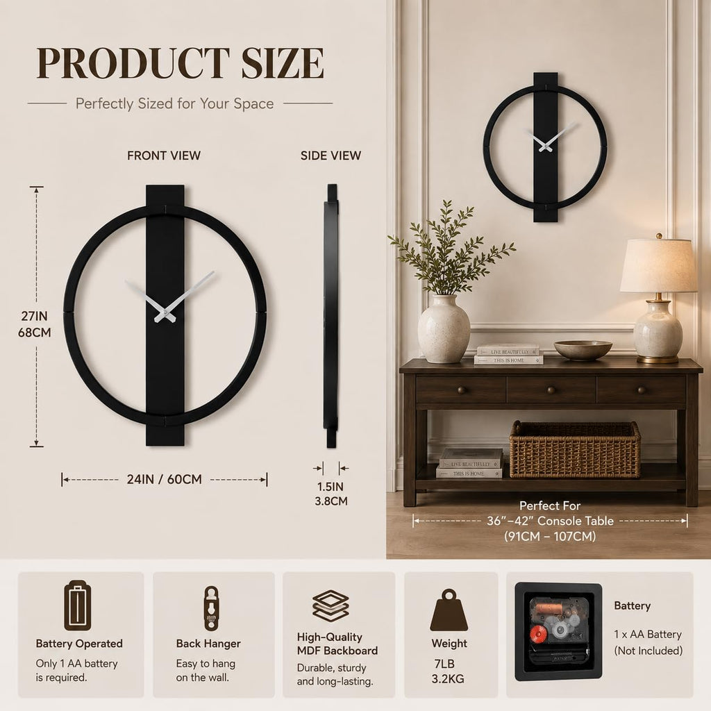 Black Mirror Wall Clock, 24"x27" Modern Clock Wall Decor