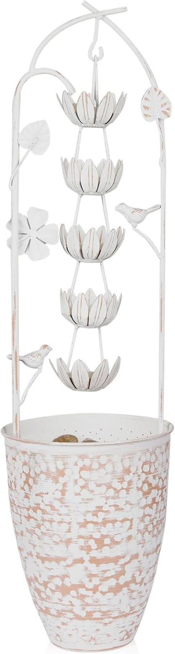 30" Tall Metal Rustic Water Fountain with Decorative Flower, Cascading Waterfall Feature for Gardens, Patios