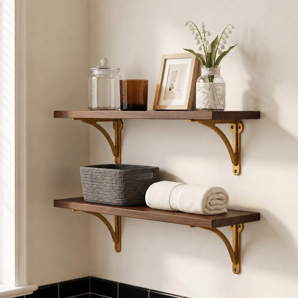 100% Solid Brass Decorative Shelf Brackets, 10-inch Wall-Mounted Shelving Brackets, 2-Pack Antique Brass Vintage