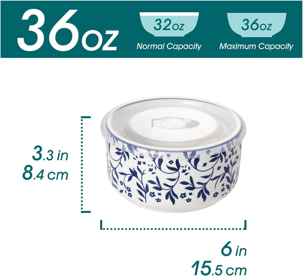 36 Oz Ceramic Serving Bowls with Lids Set of 4, Porcelain Lunch Bowls with Lids for Food Storage, Prep Bowl