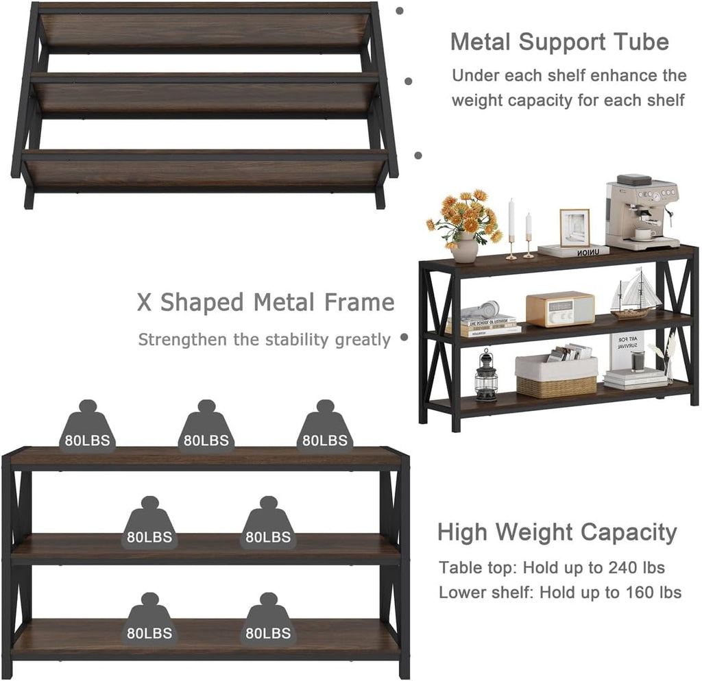 Console Table , Modern Entry Table with 3 Tier Shelves, Couch Tables Behind Sofa (55 Inch, Dark Walnut)