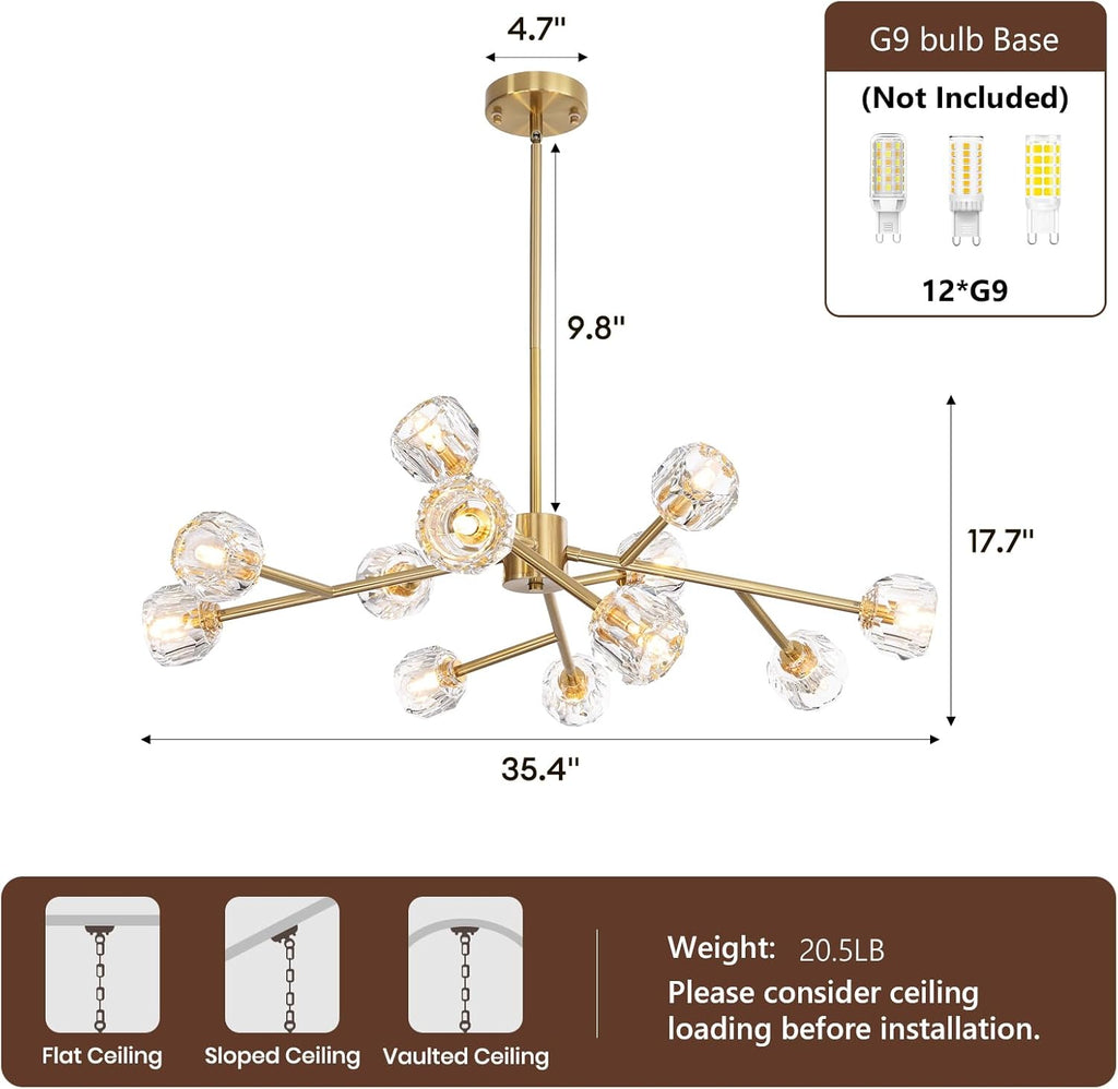Sputnik Chandelier for Dining Room Light Fixture, 12-Light Gold Mid Century Modern Crystal Chandelier for Kitchen Island Bar Living Room Bedroom, Dia 35.4"