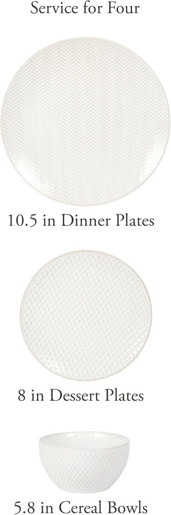 Oyster Tide Embossed 12 Piece (Service for 4) Plates and Bowls Reactive Glaze Round Dishes Stoneware Ceramic