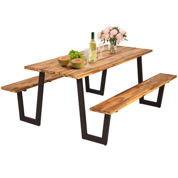 Outdoor Picnic Table Bench Set with Wood Top & Steel Frame, Patio Dining Picnic Table Set with Umbrella Hole for
