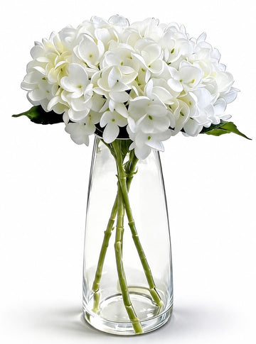 Artificial White Hydrangea Flowers with Clear Glass Vase & Faux Water, Real Touch Faux Hydrangea Bouquet, Dining