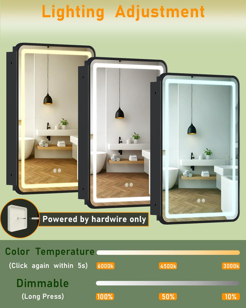 LED Bathroom Medicine Cabinet Mirror, Anti-Fog, Right Hinge, 16x24 Inch | Wall Mounted & Recessed, Dimmable 3 Color