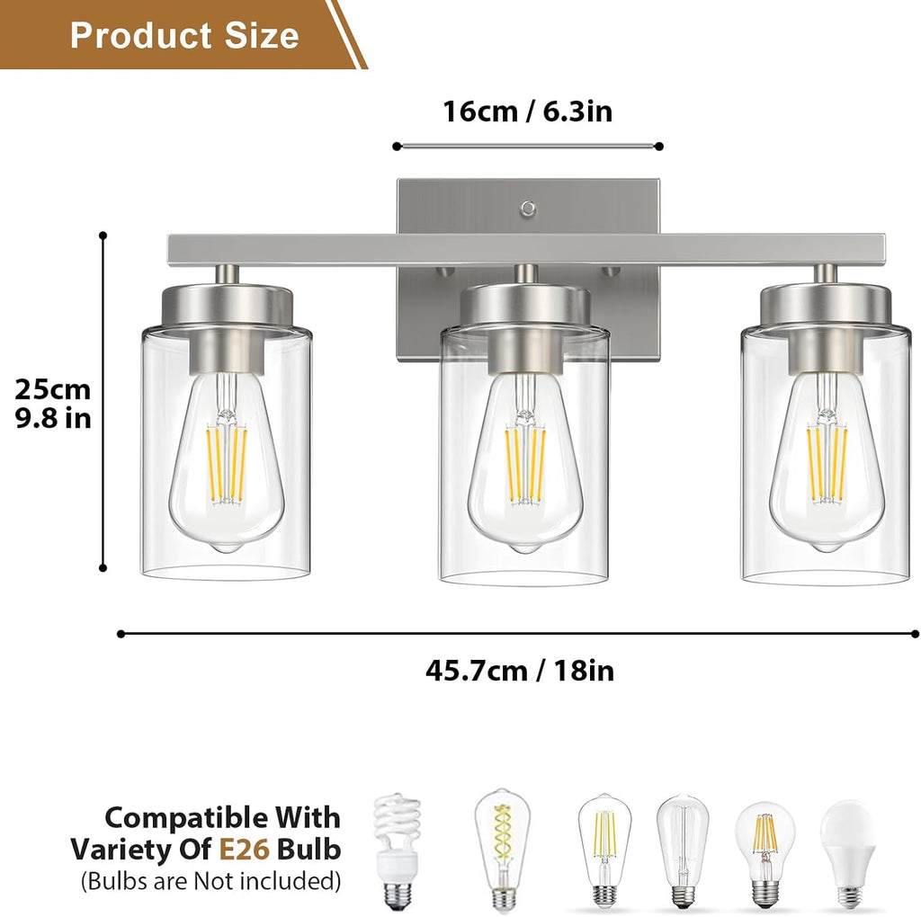 Modern Bathroom Light Fixtures, 3 Light Brushed Nickel Vanity Lights, Bathroom Lighting Fixtures Over Mirror with