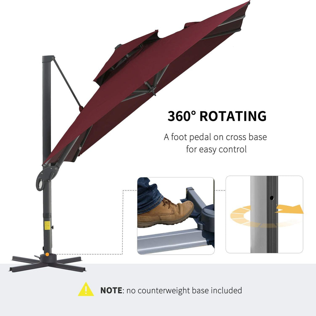 10ft Offset Patio Umbrella, Hanging Cantilever Umbrella, Square Shape, Aluminum Cross Base, Tilt, 360-Degree Rotation