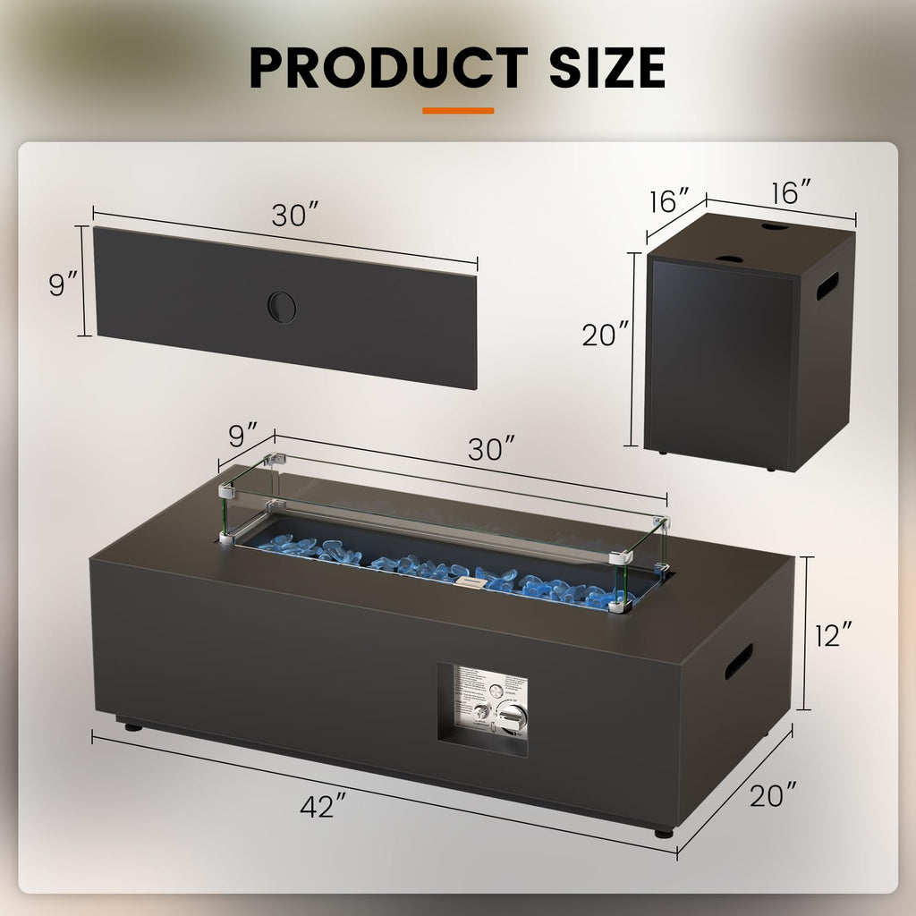 42" Rectangular Outdoor Propane Fire Pit Table with LED for Outside Patio