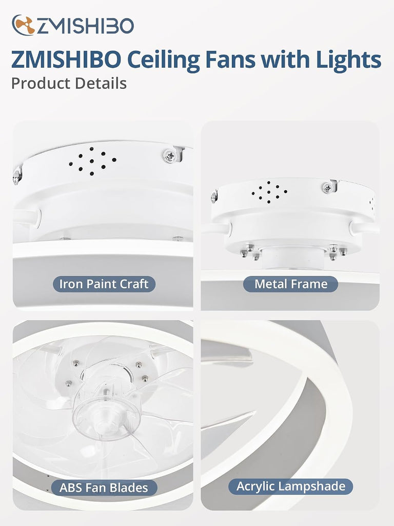 Low Profile Ceiling Fans with Lights and Remote, 13 Inch Fandelier Ceiling Fan with Light, White Modern Flush Mount Ceiling Fan, Small Dimmable LED Fan Lights for Bedroom