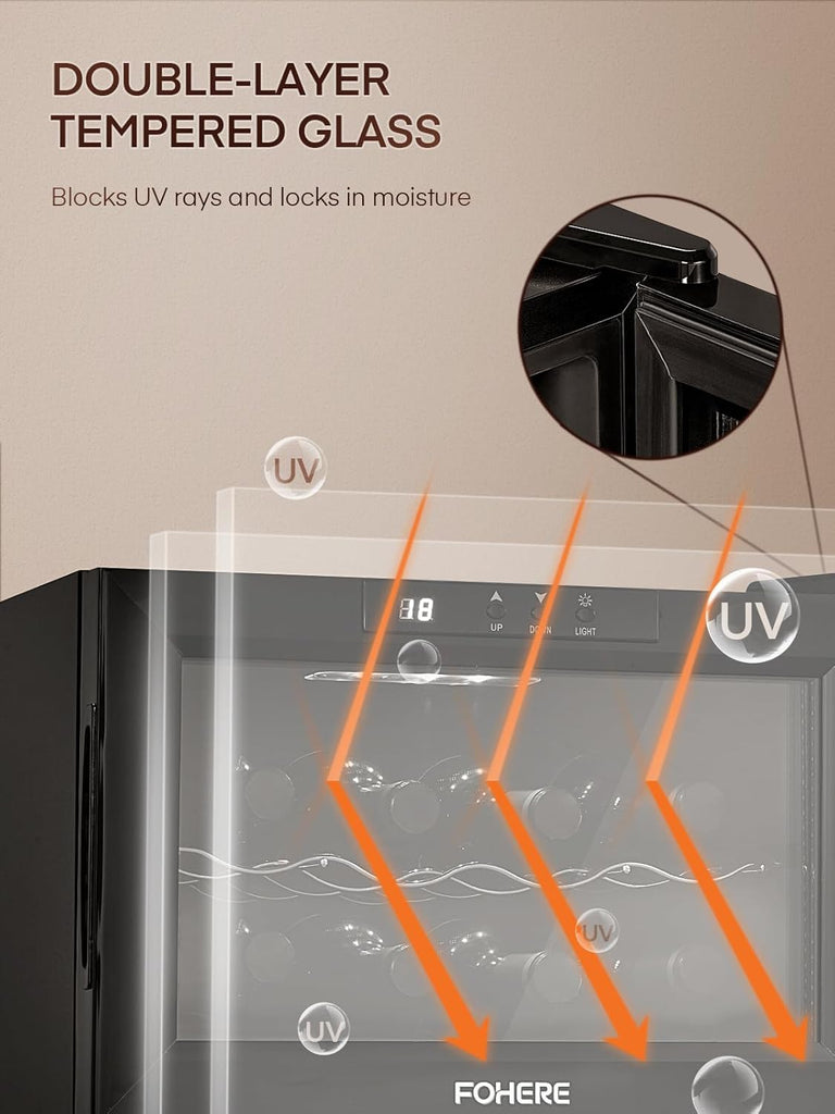 8 Bottles Countertop Wine Fridge, Small Wine Fridge with Double Glass Doors, LED