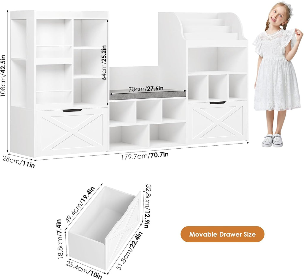 Kids Bookshelf with Reading Nook, Toy Organizer with Seat Bench | Large Toy Storage Toy Organizer with Seat Cushion