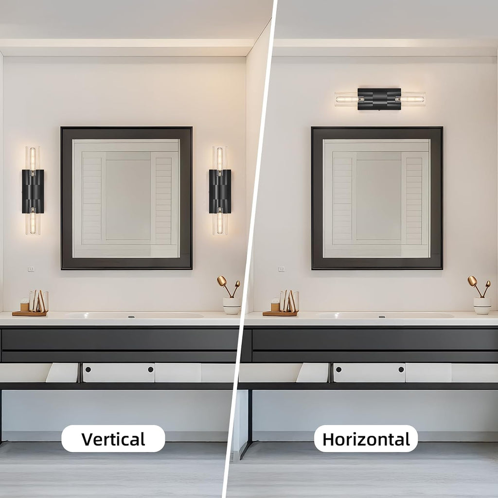 Black Wall Sconces Set of Two,Modern Bathroom Light Fixtures,2-Light Sconces Wall Lighting with Thickened Tempered